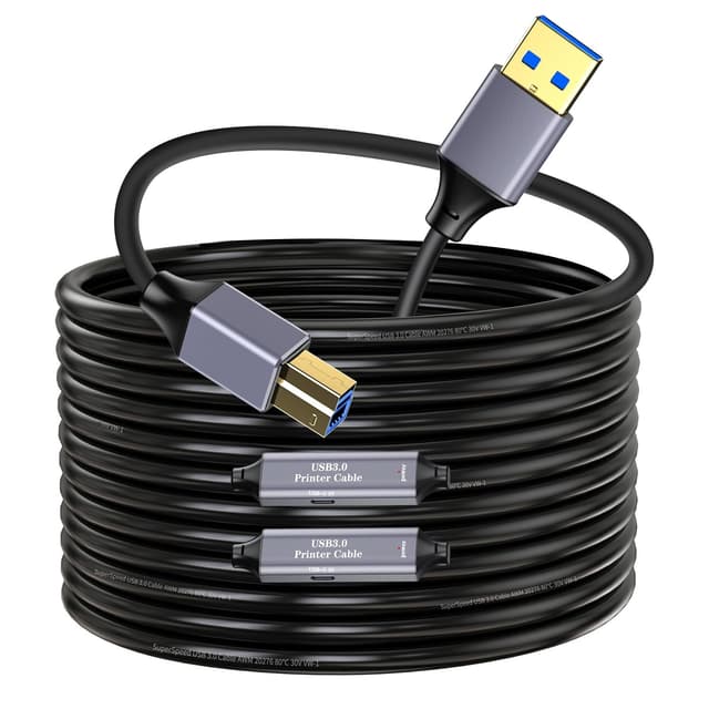 NÖRDIC USB 3.0 Aktiv Skrivarkabel - 15m USB A till USB B 3.0 Kompatibel med skrivare, konferenskamera, dockningsstation, hårddisk och mer