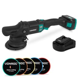 VONROC PRO Dual Action Polermaskin 20V Ø125 mm – 7 hastigheter – Borstlös – Inkl. 4.0Ah batteri, snabbladdare och 5 polerrondeller