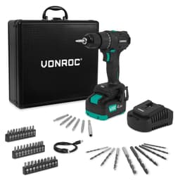 VONROC Boremaskine 20V – PRO| Kompakt & Kraftfuld | Børsteløs Motor | 40Nm | 46 dele Tilbehør | Inkl. 4.0Ah Akku & Oplader | Premium Kuffert
