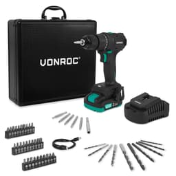 VONROC Boremaskine 20V – PRO| Kompakt & Kraftfuld | Børsteløs Motor | 40Nm | 46 dele Tilbehør | Inkl. 2.0Ah Akku & Oplader | Premium Kuffert