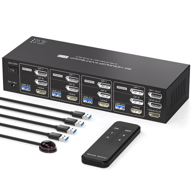 NÖRDIC KVM Switch 4 til 3, 4xUSB3.0 2xDP 1xHDMI 8K60Hz med trådløs kontrol