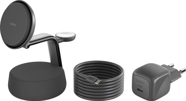Belkin 3-i-1 Qi2 25W trådløs oplader (koksgrå)