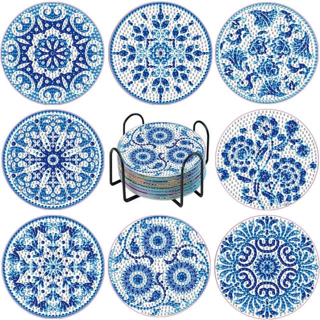 8-Delars Mandala Diamantmålning Glasunderlägg Set Med Handgjorda Blåa Mönster För Hem & Fest