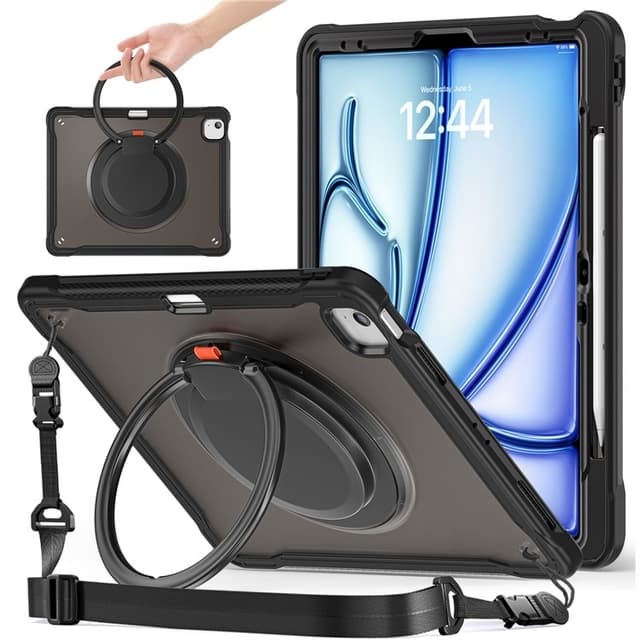 SKALO iPad Air 13 (2024) Ekstra Stødsikkert Armor Ring med Skulderrem Cover - Sort