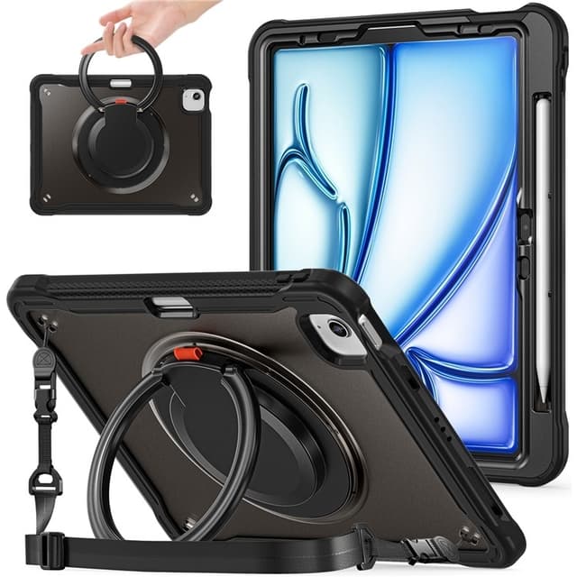 SKALO iPad Air 11 (2025) Extra Stöttåligt Armor Ring med Axelrem Skal - Svart