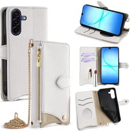 SKALO Samsung A17 Litchi Makeup Mirror Chain Lompakkokotelo - Valkoinen