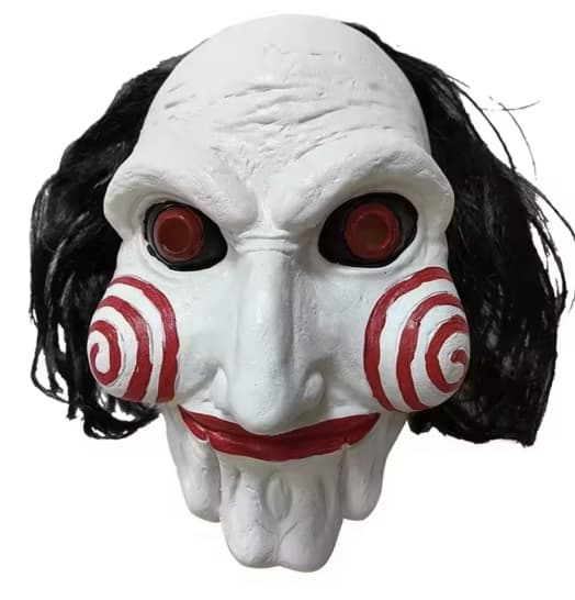 Exklusiv Jigsaw Saw Billy Mask Maskerad Maskeradmask i mjukt material med hår