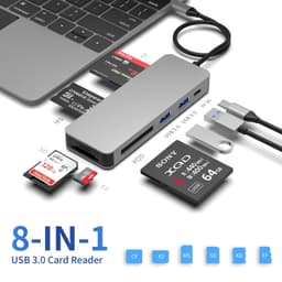 NÖRDIC USB-C Kortlæser 5 Slot CF3.0 SD3.0, MicroSD3.0, MS3.0, XQD3.0, 2xUSB-A 3.0, 1xUSB-C 15W