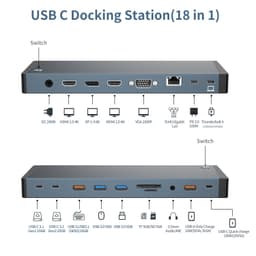 NÖRDIC USB-C Dockningsstation 1 til 18 Fire skærme, 2xHDMI, 1xDP, 1xVGA, 1xUSB-C PD 100W, 1xUSB-C QC, 2xUSB-C, 1xUSB-A QC3.0, 3xUSB-A, 1xGigaLAN