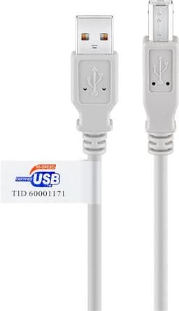 USB-A til USB-B kabel, certificeret, 3 m, grå