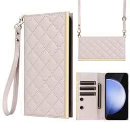 SKALO Samsung S25 FE Quiltet skulderrem med guldkant Flip Cover - Beige
