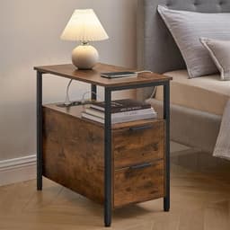 Nattbord med stikkontakt og 2 skuffer - Rustikk brun/svart