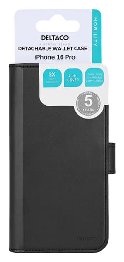 Wallet case, 2-in-1, iPhone 16 Pro, magnetic cover, black