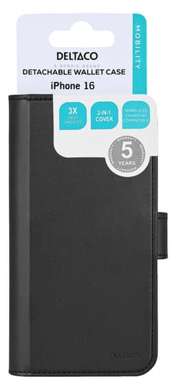 Wallet case, 2-in-1, iPhone 16, magnetic cover, black