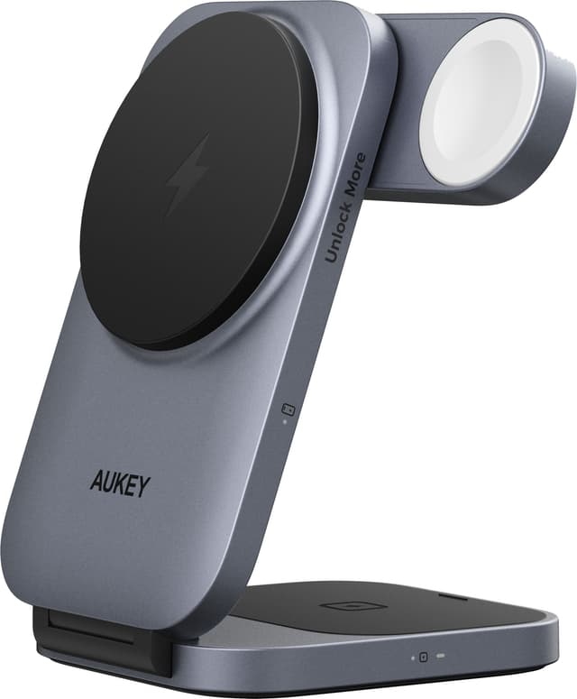 Aukey 3-i-1 foldbar trådløs oplader (grå)
