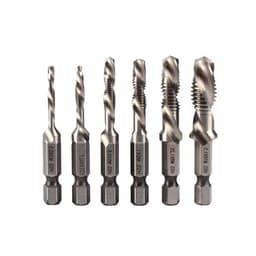 6-delt sølvfarget kort kombinasjonsbor- og gjengesett - sekskantskaft, karbonstål