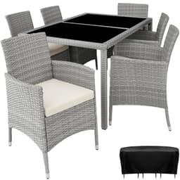 tectake Polyrattan havemøbelsæt Porto 6+1 med overtræk 60 x 55 x 83 cm Lysegrå