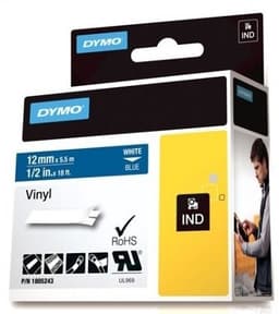 DYMO Rhino Professional, 12mm, märkbar vinyltejp, vit text blå tejp, (1805243)