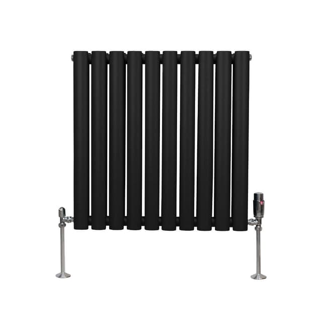 Oval søjleradiator og ventiler - 600 mm x 600 mm – Sort