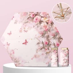 Ultralett Mini Flat Seks-Fold Paraply - Blomstermønster, Gullramme, UV-beskyttelse