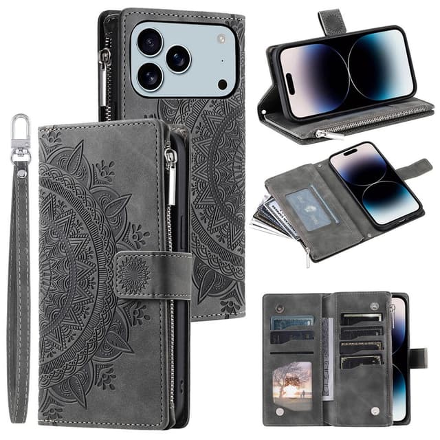 Pungetui kompatibelt med iPhone 17 Pro Max cover etui mandala blomstermønster - Grå