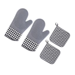 Harmaa ruudullinen silikoninen pöydän eristystyynysarja - Sisältää 2 patalappua ja 2 pannunalusta