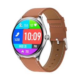 Hopeanvärinen kellotaulu ruskealla PU-nahkarannekkeella varustettu älykello - Bluetooth-puhelut, syke- ja happimittaus