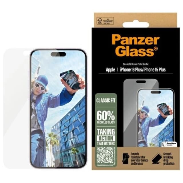 PanzerGlass iPhone 16 Plus Hærdet Glas Skærmbeskytter Classic Fit - Klar