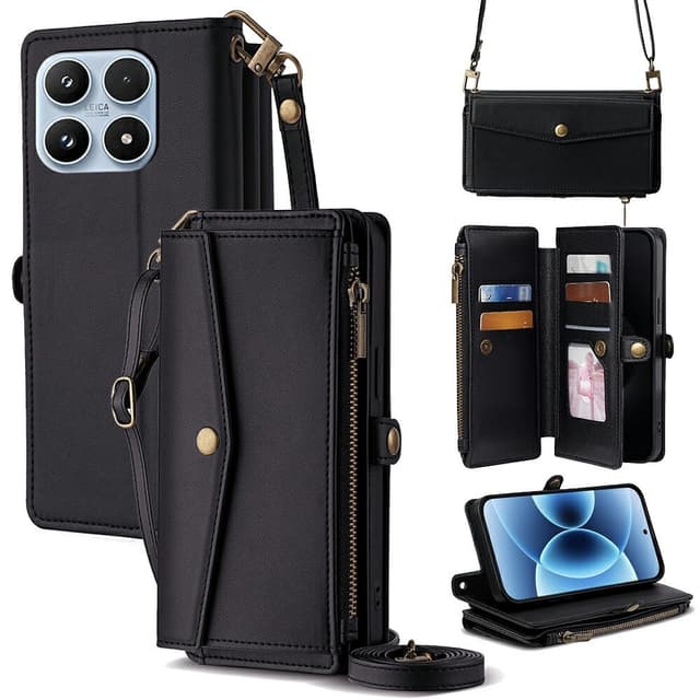 SKALO PU-Læder Envelope Big Wallet med Skulderrem Flip Cover til Xiaomi 17 - Sort