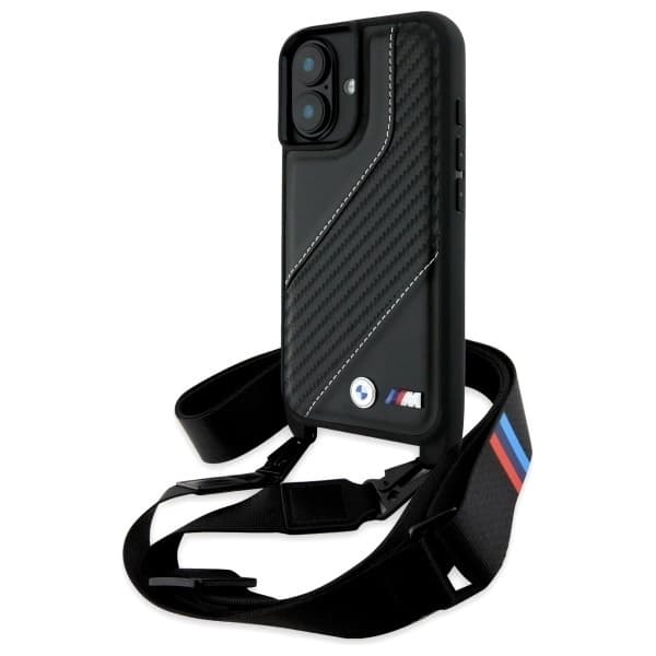BMW telefontaske til iPhone 16 Plus Carbon Stripe & Rem - Sort