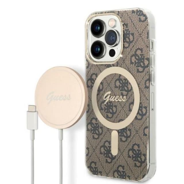 GUESS iPhone 14 Pro Magsafe Case Print + Trådløs Oplader - Brun