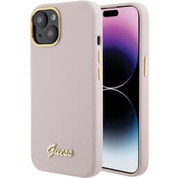 Guess Mobilskal till iPhone 15 Silikon Script Metal Logo - Rosa
