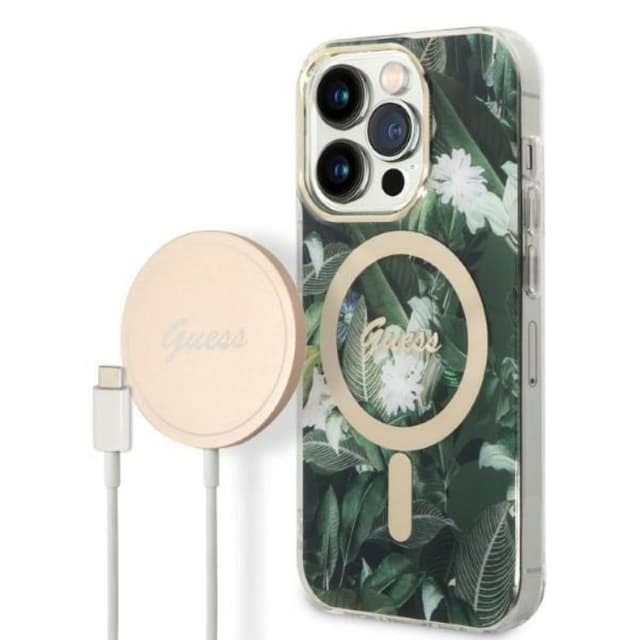 GUESS iPhone 14 Pro Max Magsafe Skal Jungle + Trådlös Laddare