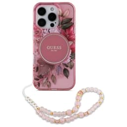 Guess Mobilskal till iPhone 16 Pro MagSafe IML Flowers Med Pearl Strap - Rosa
