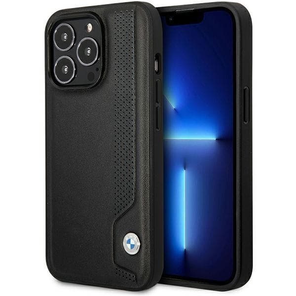 BMW telefontaske til iPhone 14 Pro læder blå prikker - sort