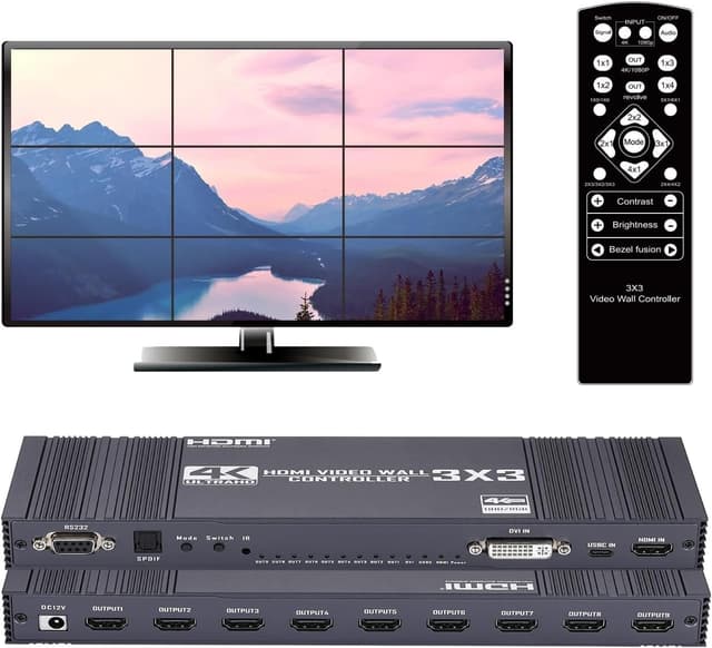 NÖRDIC Video Wall Controller 3x3, TV-væg processor, 4K@30Hz HDMI multi-skærm samlingsprocessor med HDMI + DVI + USB-C indgang