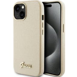 Guess Mobilskal till iPhone 15 Glitter Glossy Script - Guld