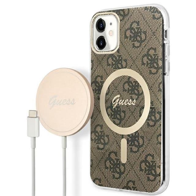 Guess iPhone 11 Magsafe Case Print + Trådløs Oplader - Brun