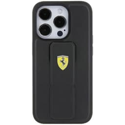Ferrari Telefontaske til iPhone 15 Pro Grip Stand Metal Logo - Sort