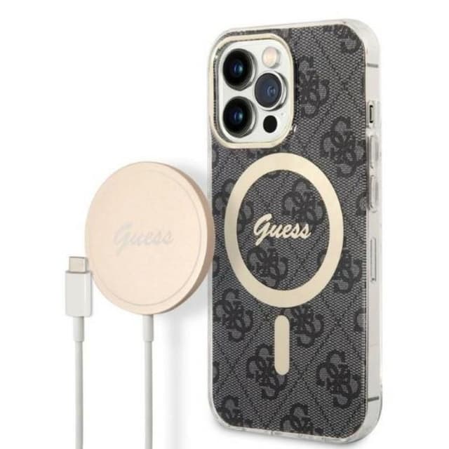 Guess iPhone 13 Pro Magsafe Case Print + Trådløs Oplader - Sort