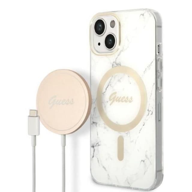 GUESS iPhone 14 Plus Magsafe Etui Marmor+Trådløs Oplader - Hvid