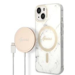 GUESS iPhone 14 Plus Magsafe Etui Marmor+Trådløs Oplader - Hvid
