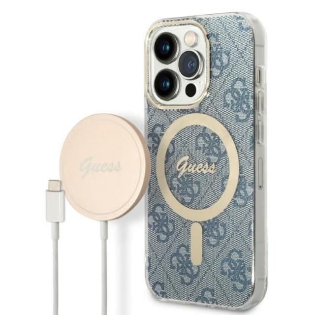 GUESS iPhone 14 Pro Magsafe Case Print + Trådløs Oplader - Blå