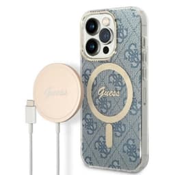 GUESS iPhone 14 Pro Magsafe Case Print + Trådløs Oplader - Blå