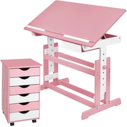 Skrivebord til barn, høydejusterbar og med rulleskap - rosa