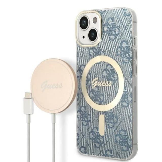 GUESS iPhone 14 Plus Magsafe Case Print + Trådløs Oplader - Blå