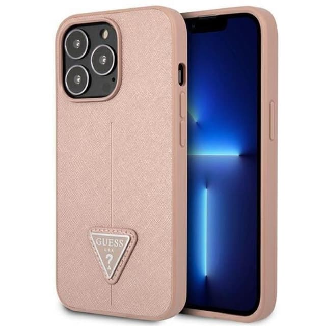 GUESS iPhone 14 Pro Etui Saffiano Trekantlogo - Lyserød