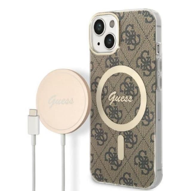 GUESS iPhone 14 Plus Magsafe Case Print + Trådløs Oplader - Brun