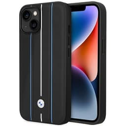 BMW Mobilskal till iPhone 14 Läder Stamp Blue Lines - Svart