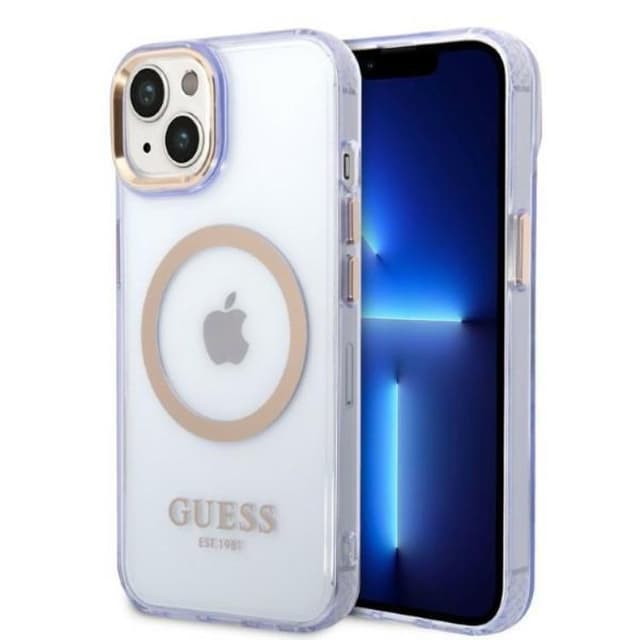 GUESS iPhone 14 Skal MagSafe Gold Outline Translucent